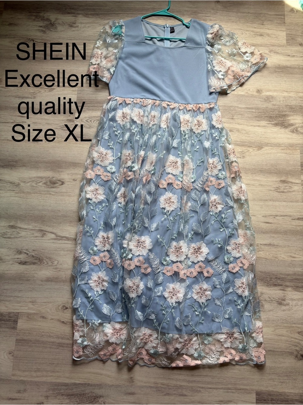 SHEIN Powder Blue Floral Embroidered Midi Dress
